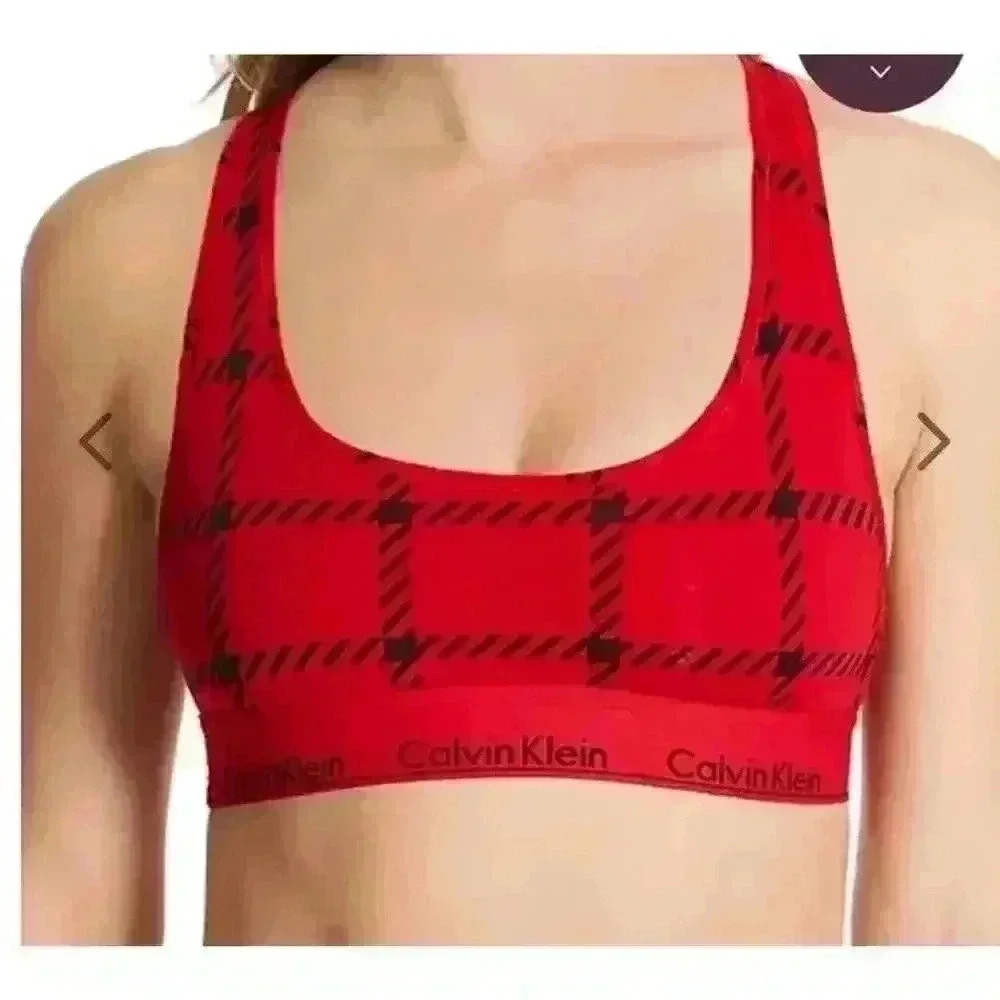 CALVIN KLEIN Women's Unlined Bralette Red Black Plaids Sports Bra Size XS